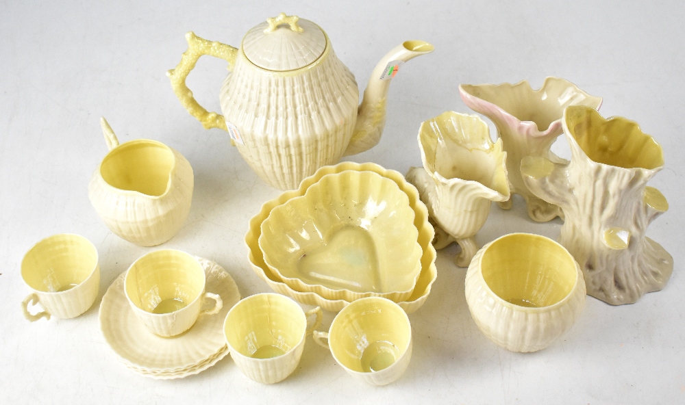 BELLEEK; various items comprising a part tea set, comprising a teapot, milk jug, sugar bowl,