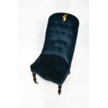 A Victorian mahogany button back parlour chair upholstered in blue velour,