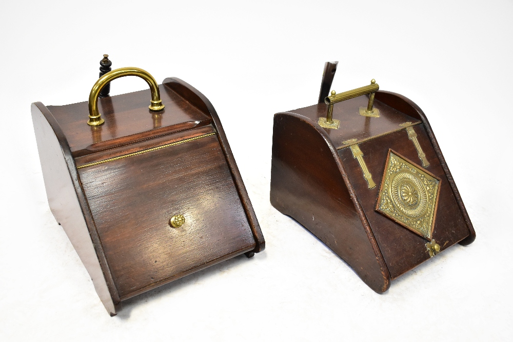 Two late 19th century mahogany coal scuttles with brass handles, knobs and embellishments, - Image 2 of 3