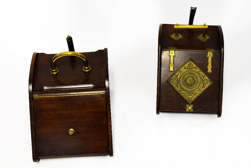 Two late 19th century mahogany coal scuttles with brass handles, knobs and embellishments,