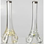 A pair of unusual stylised early 20th century glass stem vases with hallmarked silver collars,