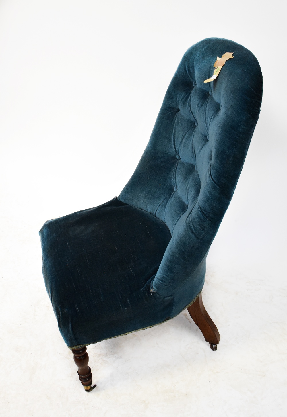 A Victorian mahogany button back parlour chair upholstered in blue velour, - Image 2 of 2