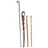 Four walking sticks and canes, comprising one example in two-tone wood,