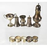 A mixed lot of hallmarked silver items to include a baluster form sugar caster,