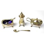 A George VI hallmarked three-piece cruet set of baluster form with piecrust edges,