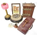 Various antique and vintage collectibles to include a beaded footstool with gilt metal circular