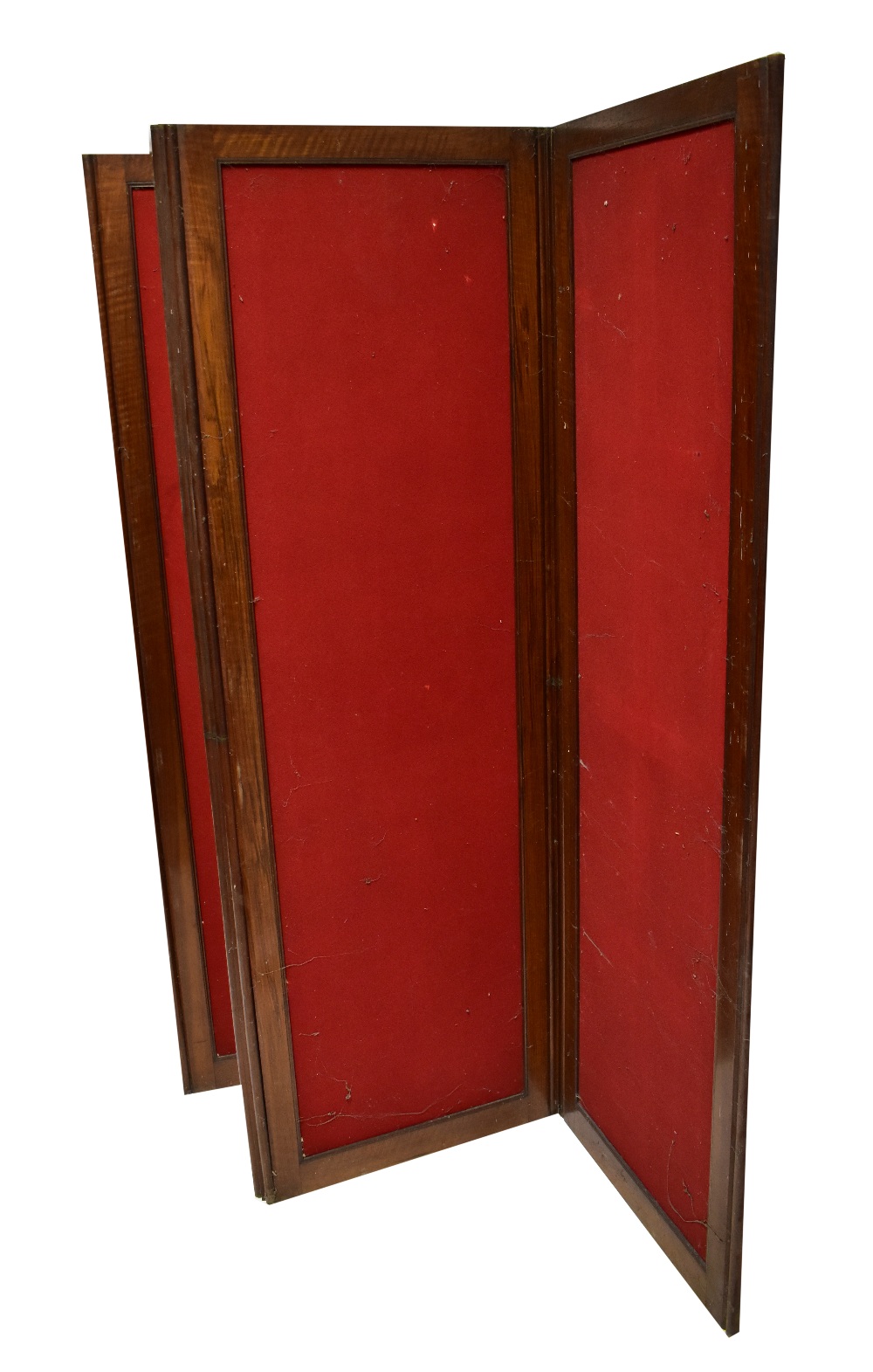 A late 19th century mahogany four-panel screen, each panel upholstered with a red felt material, - Bild 2 aus 2