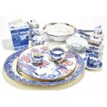 A group of decorative blue and white ceramics including a Chinese bowl painted with floral sprays,