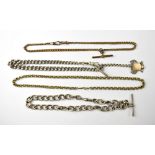 Two hallmarked silver watch chains, both with swivel clasps and T-bars,