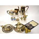 Various items of silver plate to include cased butter knife set, teapot, coffee pot, coasters,