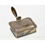An Elizabeth II hallmarked silver lidded cigarette box, with wooden turned handle,