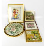 A group of five tapestry and embroidery works comprising a rose tapestry in the Aubusson style,