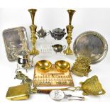 A mixed lot of silver plated and brass ware to include a three-piece silver plated tea set,