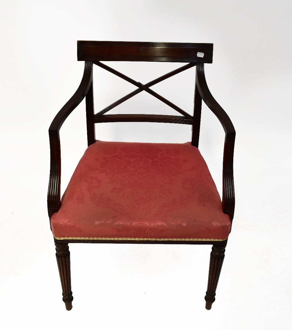 A mid-19th century mahogany carver dining chair, with X-frame back and reeded detail, - Image 2 of 2