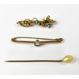 A 9ct gold bar brooch with seed pearl and turquoise flowers and a seed pearl and turquoise gold