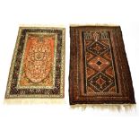 A hand knotted Kashmir Ghoum wool on cotton rug, 150 x 66cm and an Afghan Belutsch wool on wool rug,