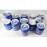 T G GREEN; a collection of twelve Cornish ware blue and white striped lidded kitchen jars,
