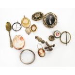 A collection of various brooches to include three Victorian mourning examples, all yellow metal,