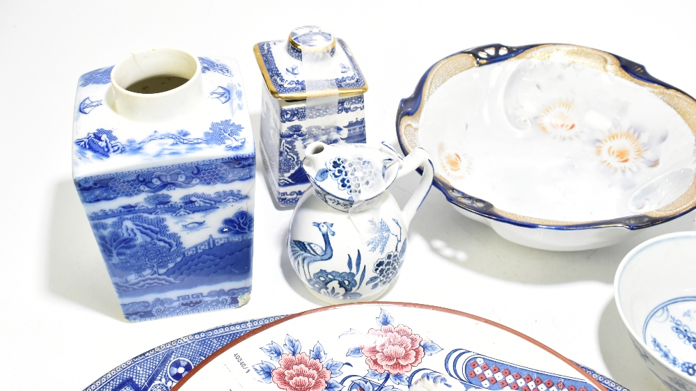 A group of decorative blue and white ceramics including a Chinese bowl painted with floral sprays,