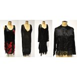 Four Edwardian and later items of clothing comprising an Edwardian black silk beaded and sequinned