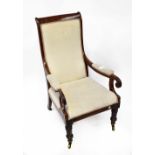 A William IV mahogany open arm parlour chair, upholstered in cream velour with brocade borders,