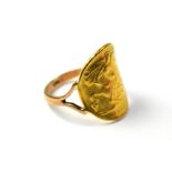 A half sovereign ring, a curved George V 1912 half sovereign mounted on a 9ct gold shank, size U,