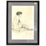 INDISTINCTLY SIGNED; an early 20th century life class drawing of a nude female, resting on blanket,