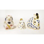 ROYAL CROWN DERBY; three Imari pattern porcelain paperweights comprising two rabbits and a chipmunk,