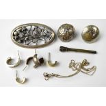 A quantity of silver and white metal jewellery to include a hallmarked silver floral brooch,