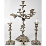A silver plated Rococo-style five-branch candelabrum with wrythen branch-form arms leading to