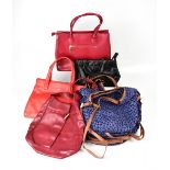 Five navy raffia shoulder bags with tan handles, a Karen Millen red tote bag with black trim,