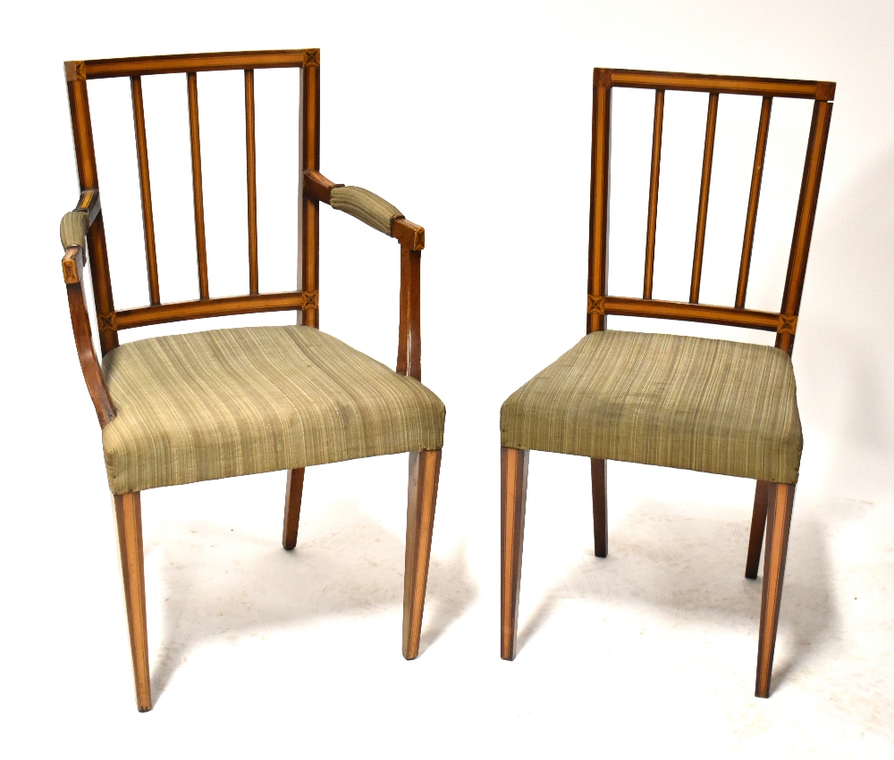 A set of six Edwardian satinwood inlaid stick back dining chairs with stuffover seats and tapering - Image 2 of 2