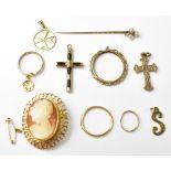 Various items of 9ct gold to include a cross, a cameo brooch, initial 'S',