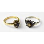 Two 9ct gold ladies' dress rings, both floral set with white and blue stones, size N and K,
