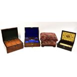 Three 19th century boxes, a fitted rosewood sewing box with mother of pearl inlay,