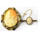 A 15ct yellow gold cameo bar brooch with safety chain and a Victorian cameo brooch with ladies in