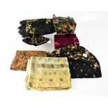 A quantity of Victorian and later textiles to include Victorian black silk fringed scarf,