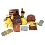 A mixed lot of various collectibles to include horn beaker, cigarette case, leather wallet,