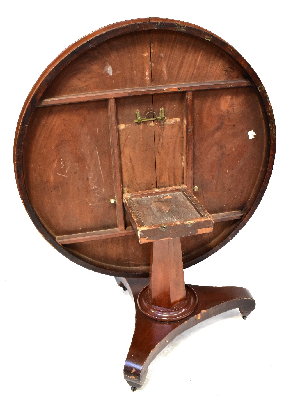 A 19th century mahogany circular tilt-top breakfast table with hexagonal column and raised on - Image 7 of 7