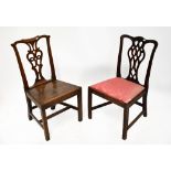 A George III mahogany splat back dining chair with pierced support above a pink satin upholstered