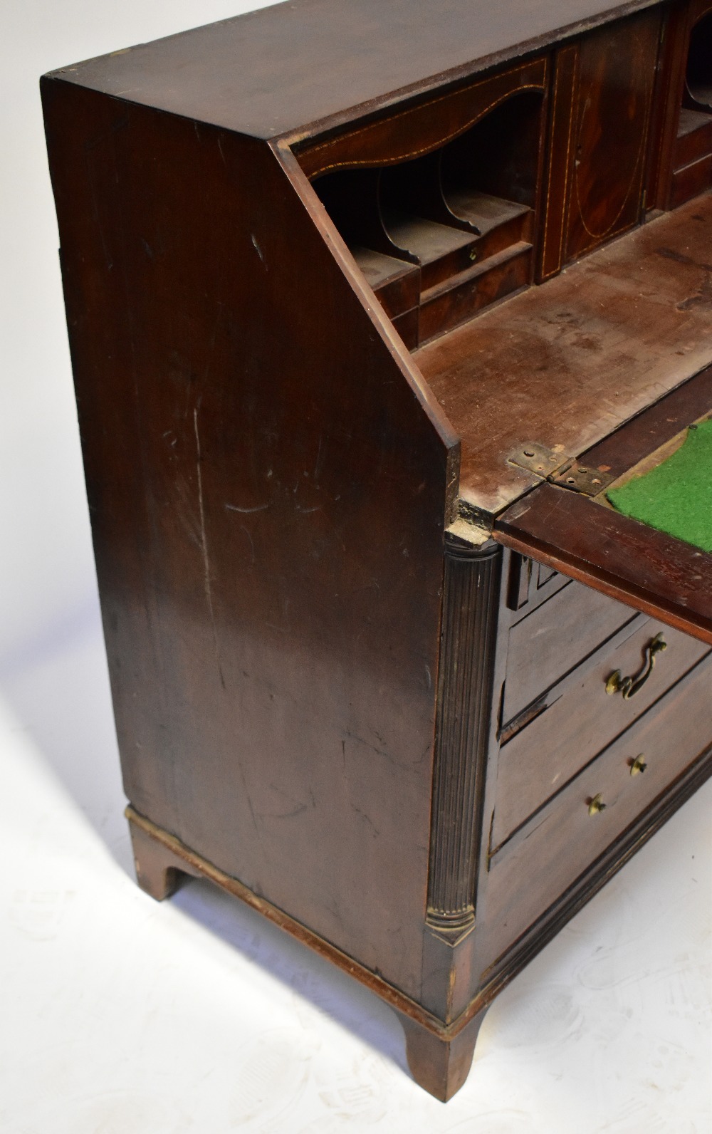 A George III mahogany bureau, the fall front enclosing a fitted interior, - Image 5 of 7