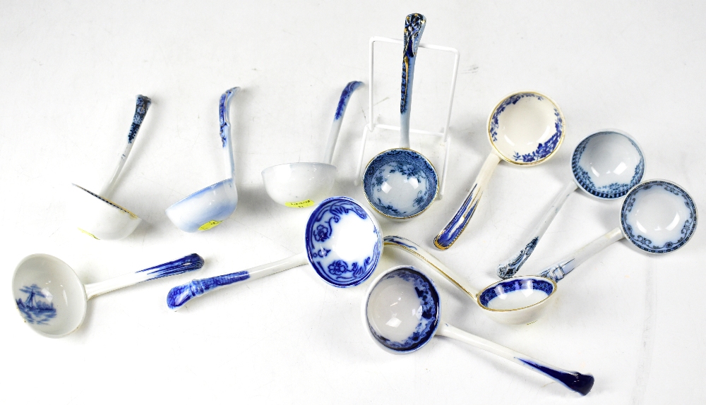 A collection of 19th century transfer printed pottery soup ladles,