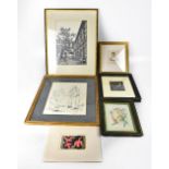 A quantity of prints and drawings to include a pencil study of figures in a courtyard,