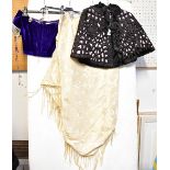 A Victorian cream silk damask evening shawl with long fringe,