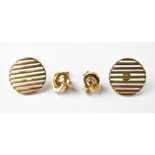 Two pairs of 9ct gold earrings comprising a pair of three-tone gold slatted circular earrings,