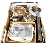 A quantity of plated ware to include a cased set of fish servers, a pair of bottle coasters,