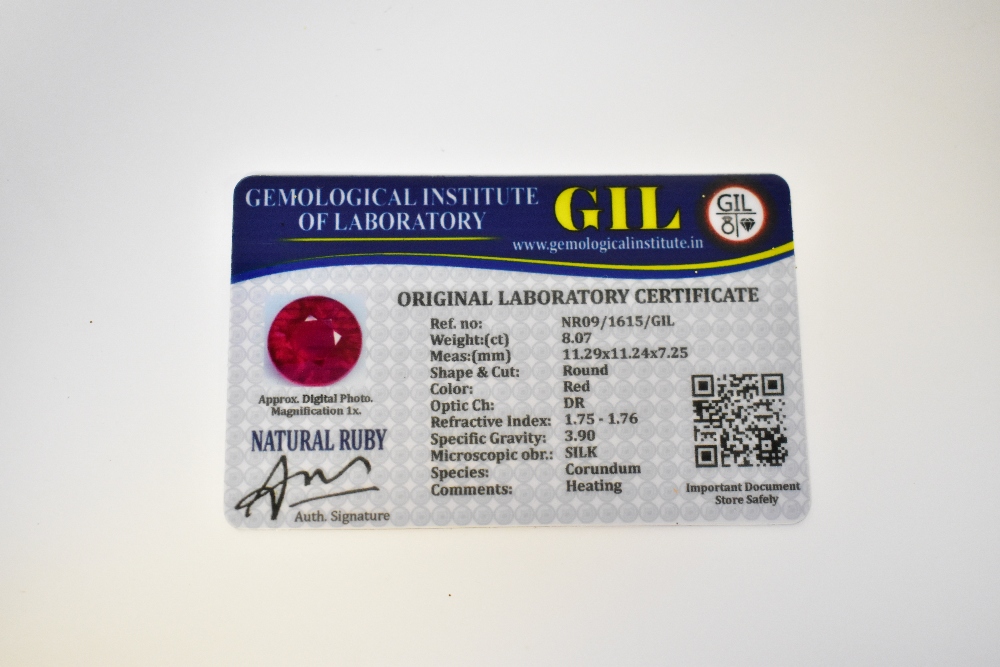 A loose 8.07 carat round ruby with GIL Laboratory Certificate. - Image 3 of 3