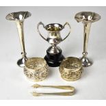 A group of small hallmarked silver items to include a pair of small Edwardian trumpet vases with