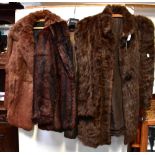 Three vintage fur jackets comprising a mid-brown jacket with faux tortoiseshell buttons and brown