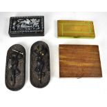 Three boxes to include a black lacquered Oriental-style example with mother of pearl exotic birds